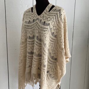 Beige Sweater Poncho with Fringe Size Small